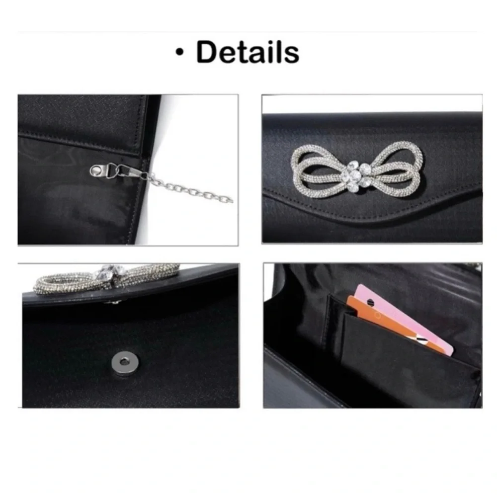 PURSE: Black & Silver Clutch w/Rhinestone Bow & Crossbody Chain, EUC